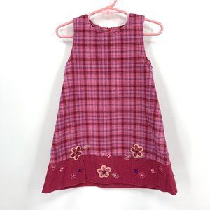 Oshkosh Bgosh Pink Flannel Plaid Dress Floral Embroidery Sleeveless Jumper 3T
